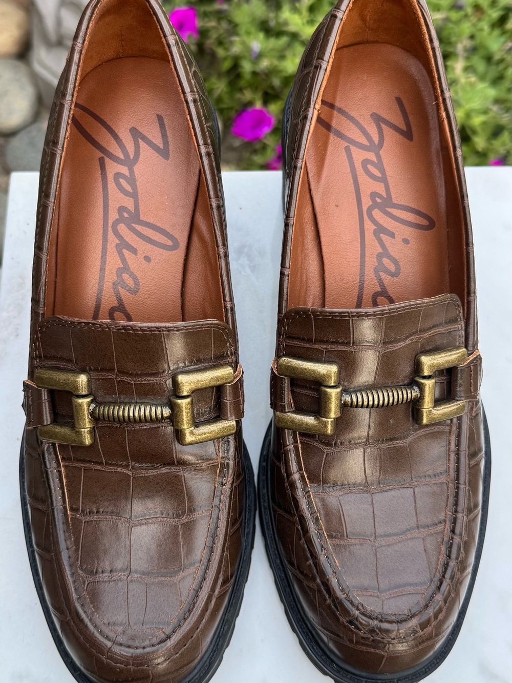 Zodiac Brown Croc-Embossed Heeled Loafers with Brass-Tone Bit